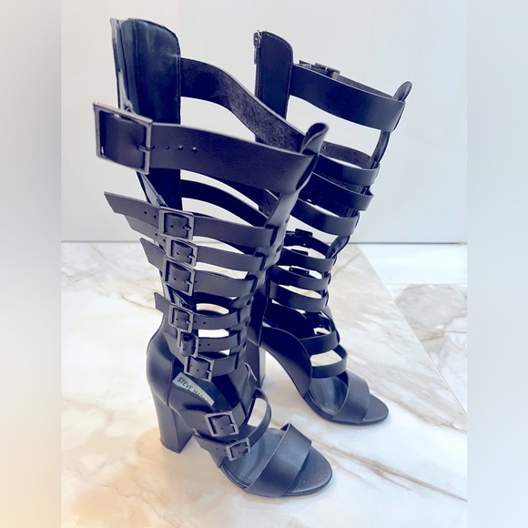 STEVE MADDEN Solina Heeled Gladiator Knee High Back Zip Sandal - Black Size 8.0 - Picture 1 of 4